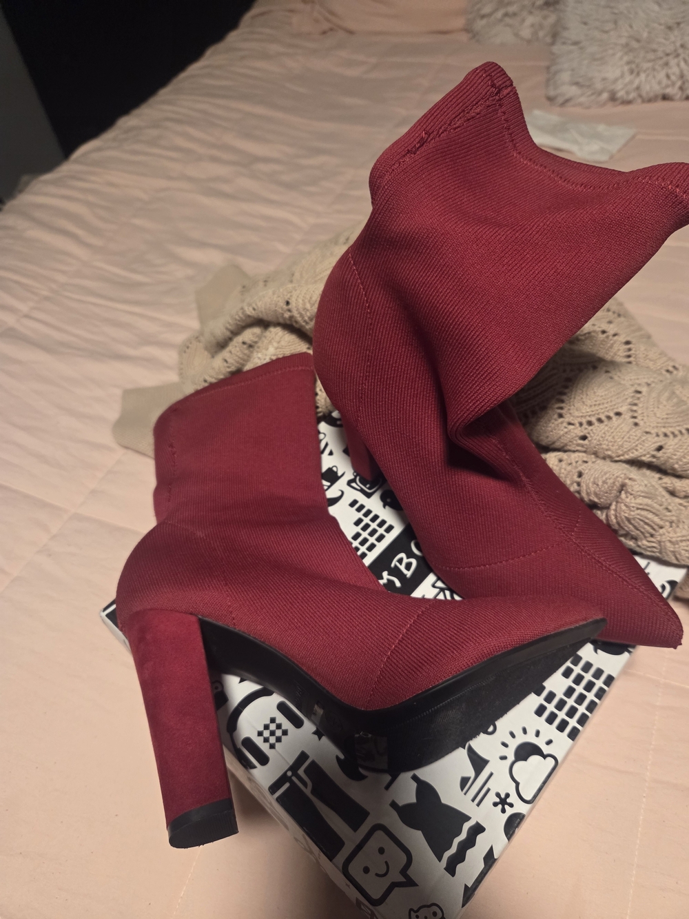 Women's Red Wine Stretch Sock Booties with Block Heel